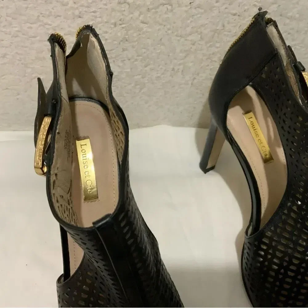 Louise et Cie Women's Black Heels Size 8 Leather Olivia Cut Out Open Toe Peep